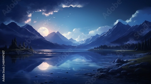 "A serene landscape with a crystal clear blue lake surrounded by dark blue mountains under a light blue sky at dusk.