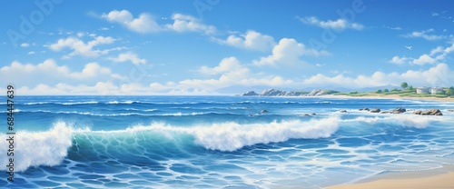A serene ocean scene with varying shades of blue, gentle waves lapping at the shore under a clear sky. photo