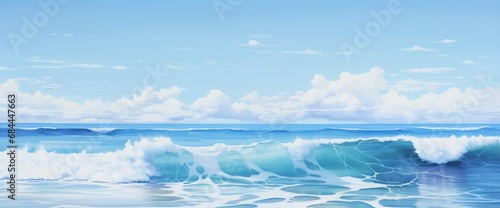 A serene ocean scene with varying shades of blue  gentle waves lapping at the shore under a clear sky.