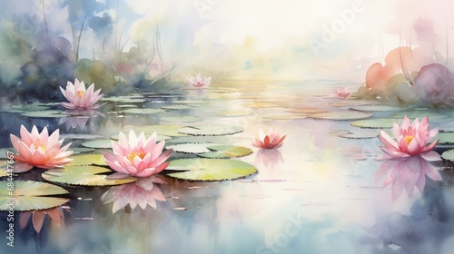 A serene pond surrounded by pink water lilies  their gentle colors merging with the watercolor backdrop for your design needs.