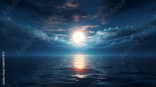 A surreal depiction of a giant blue moon rising over a calm ocean  casting a silvery glow.