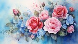 A tranquil garden scene with BLUE AND RED roses and watercolor washes, inviting you to infuse elegance into your creative projects.