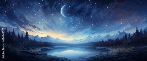 A tranquil night sky filled with stars and a blue moon casting a soft glow over a dark landscape.