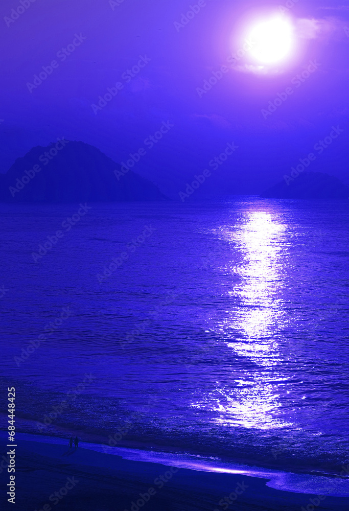 Pop art surreal style of bright sun rising on the sea in ultramarine blue color