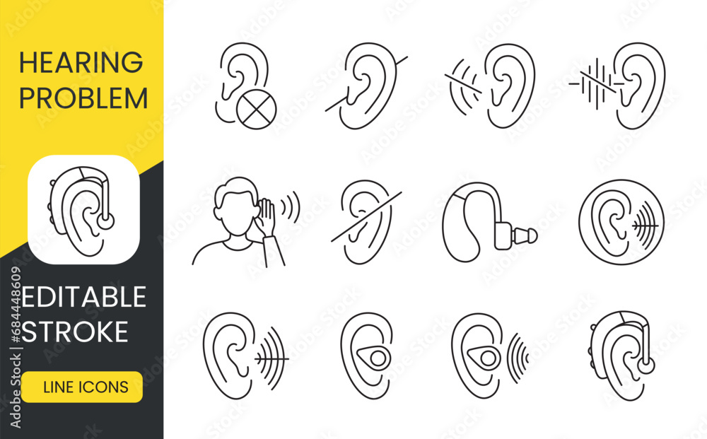 People with disabilities hearing problems, line icons set vector editable stroke, Hearing loss and deafness, deafness and deaf mute, hearing impairment. - obrazy, fototapety, plakaty 