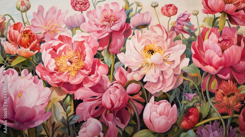 A vibrant and lively pink peony garden captured in exquisite detail, offering a colorful and inviting floral backdrop.
