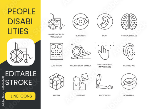 Disabled people, vector line icon set with editable stroke, person in wheelchair and blindness, hearing loss and deafness, hydrocephalus and autism, prosthesis and mute, low vision