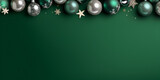 Christmas Background Dark Green  ,christmas decorations small glowing stars green balls gold serpentine sequins fir jingle bell and snowflake ornaments on isolated green background generative ai