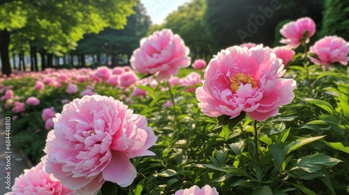 A vibrant and refreshing pink peony garden captured with precision  offering a lively and colorful floral backdrop.