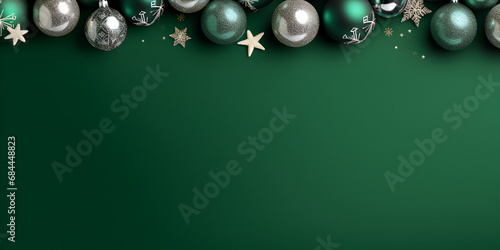 Christmas Background Dark Green  ,christmas decorations small glowing stars green balls gold serpentine sequins fir jingle bell and snowflake ornaments on isolated green background generative ai photo