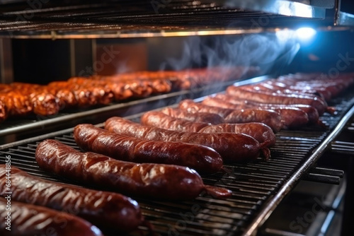 Photo of hot dogs grilling on a summer day. Industrial smoking of sausages and meat products in a factory. sausage in the smokehouse. flavorful sausages.