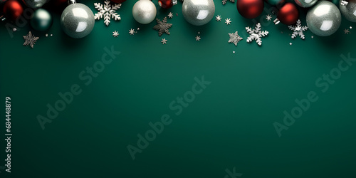 Christmas Red Green christmas decorations small glowing stars green balls gold serpentine sequins fir jingle bell and snowflake ornaments on isolated green background with blank space ,generative ai 