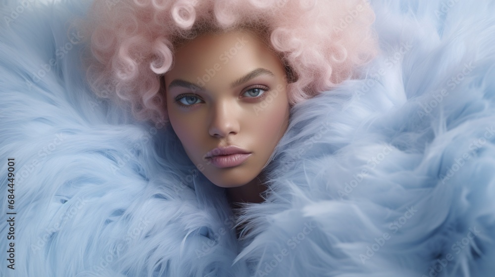 A visually enchanting image that immerses you in the softness of fluffy eco fur, adorned in baby pink and blue hues, resembling the playful allure of cotton candy