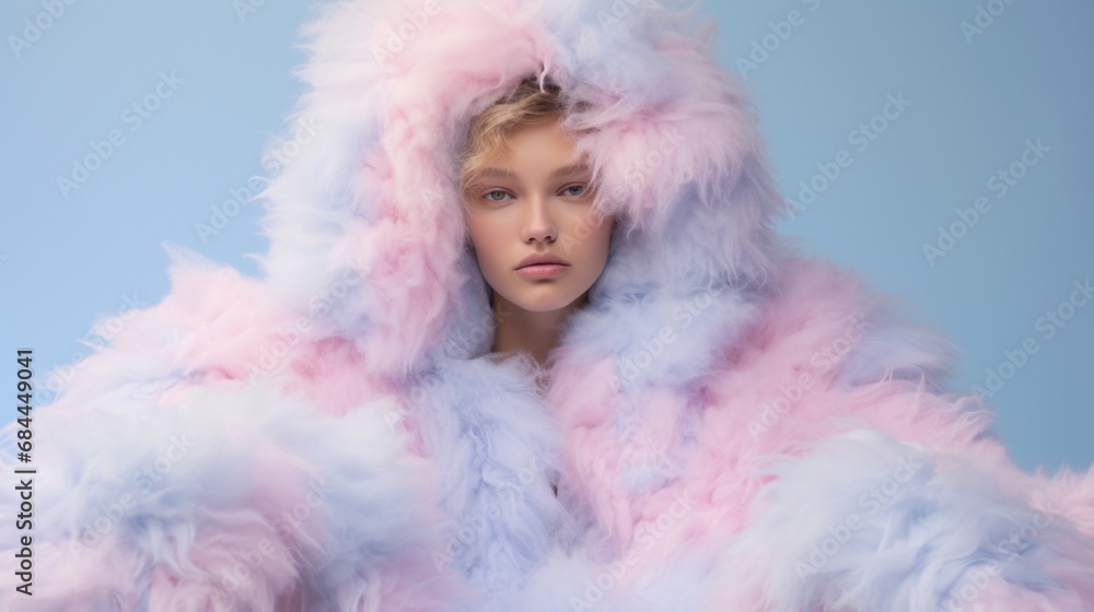 A visually enchanting image that immerses you in the softness of fluffy eco fur, adorned in baby pink and blue hues, resembling the playful allure of cotton candy A visually enchanting image that immerses you in the softness of fluffy eco fur, adorned in baby pink and blue hues, resembling the playful allure of cotton candy