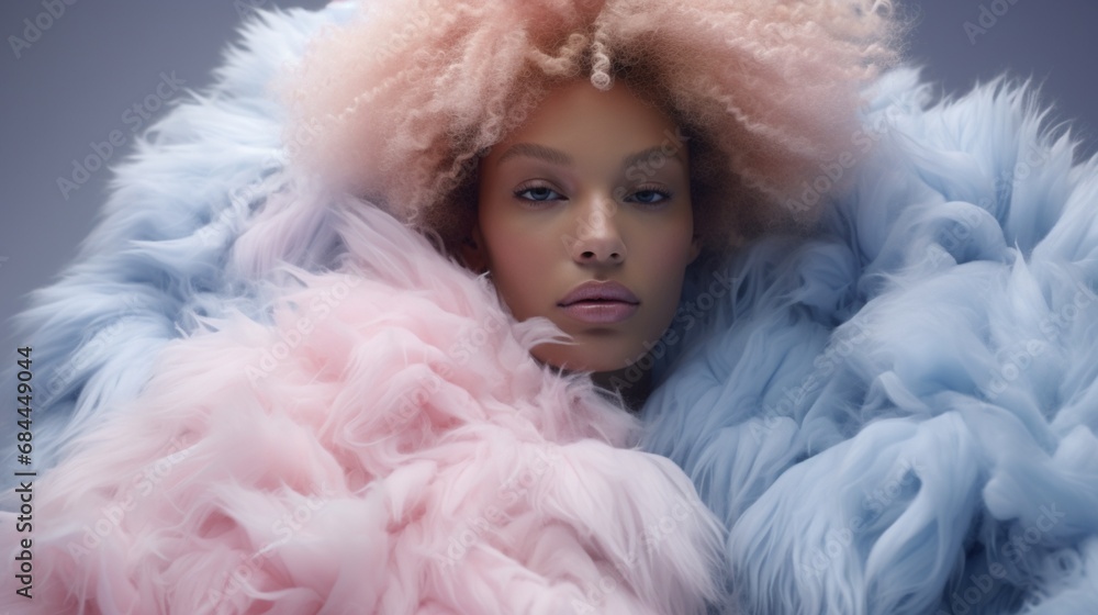 A visually enchanting image that showcases the abstract beauty of eco fur with its baby pink and blue tones