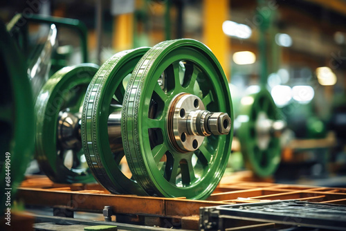 Photo of a detailed shot of a rotating green wheel on a moving conveyor belt. Modern metal processing at an industrial enterprise. Manufacturing of high-precision parts and mechanisms.