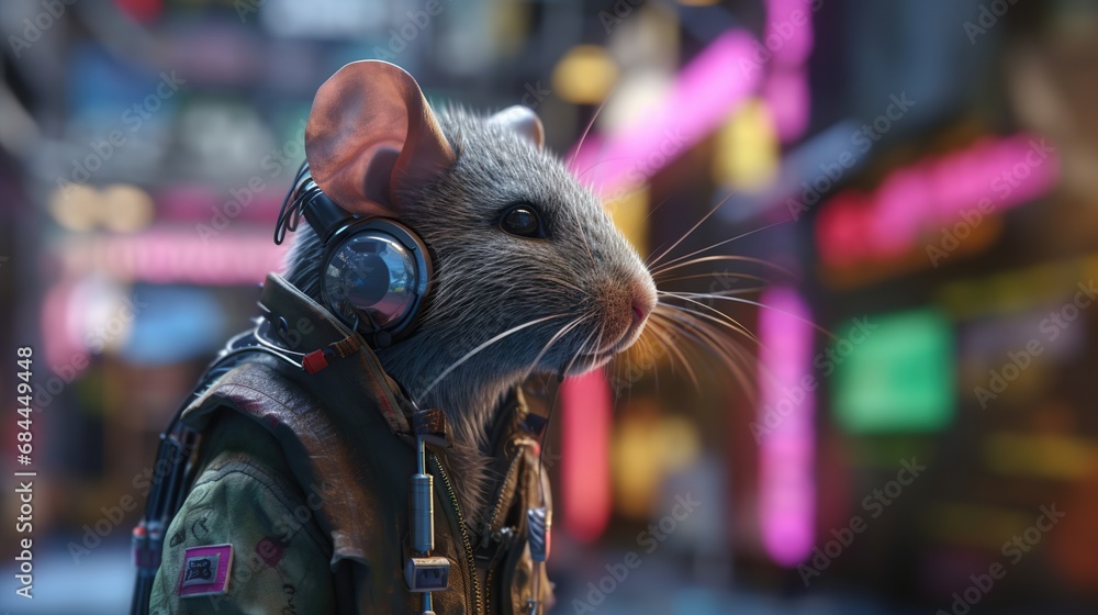 Portrait of a white rat in the city. 3d rendering