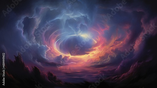 An abstract cloud formation  aglow with a neon light ring  dominates the canvas of a dark night sky.