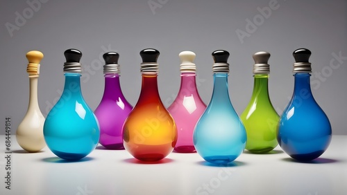 colorful glass bottles with reflection against grey background,unique idea bulb with different colors Created using generative AI tools