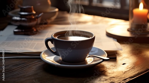 A steaming cup of coffee on a cozy breakfast table with a newspaper in the background.