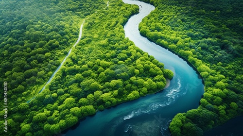 An aerial view of a blue river winding through a lush green landscape, creating a striking contrast.