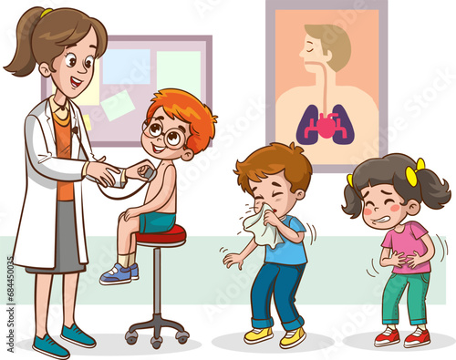 Examination of sick kids by doctor pediatrician in hospital. Female medic specialist holding stethoscope and smiling flat vector illustration. Pediatrics, medical checkup in clinic, medicine concept