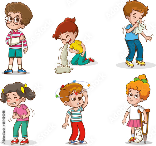 vector illustration of kids sick unhealthy.Child with influenza, runny nose, headache, fever, sore throat, illness. Flat vector illustration people with sick symptoms feeling unwell