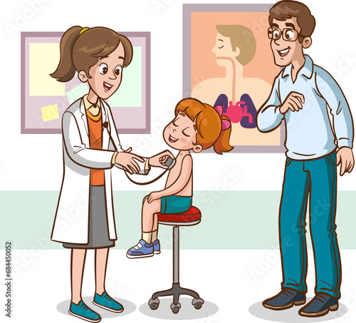 Examination of sick kids by doctor pediatrician in hospital. Female medic specialist holding stethoscope and smiling flat vector illustration. Pediatrics, medical checkup in clinic, medicine concept