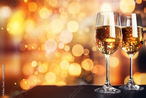 wine glasses for happy new year party celebration close-up of champagne glasses on bokeh light background