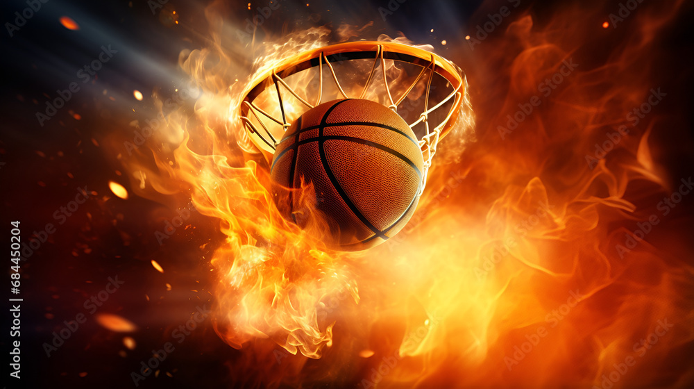 Dunking Dynamo: A Basketball's Energetic Voyage Through a Hoop Ignited by Chaotic Passion, Hoop Inferno Unleashed generative AI