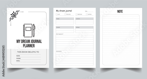 Editable Dream Journal Planner Log Book KDP Interior Printable Template Design.