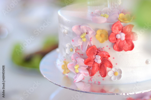 Amazing wedding cake, close up of cake and blur background, selective focus.