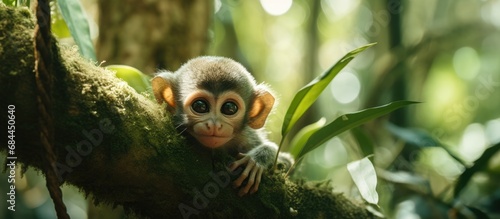 In the dense jungle of Guiana s tropical rainforest  a young monkey swings playfully from tree to tree  a funny and cute portrait of wildlife in its natural green habitat.