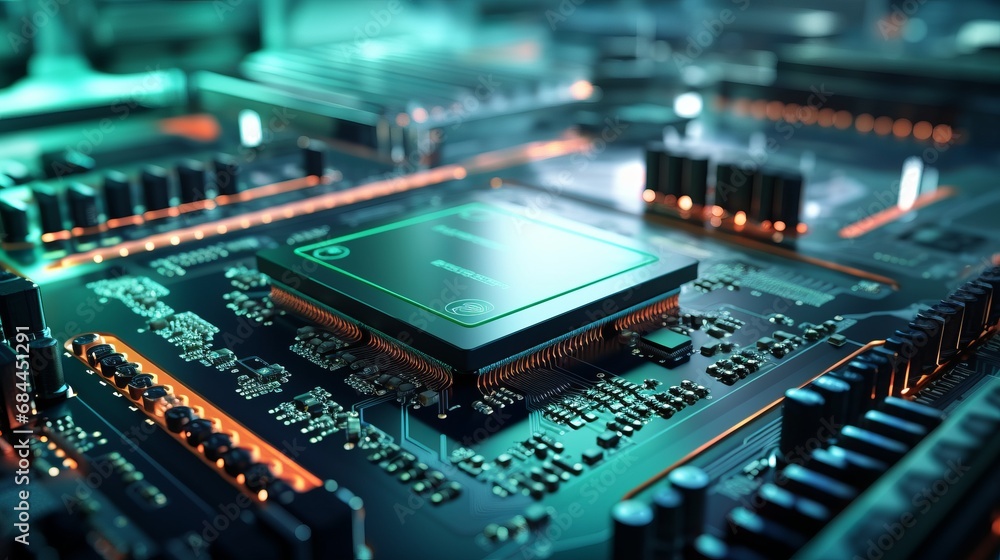 automated circuit board assembly line with advanced microchip. high-tech electronics manufacturing in a modern facility. industrial production of electronic devices