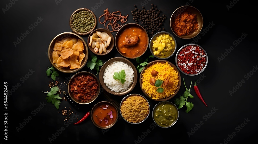 assorted indian food on a black background copy space.