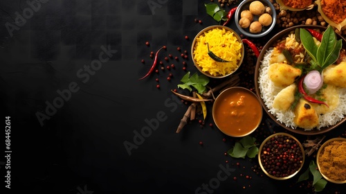 assorted indian food on a black background copy space. photo
