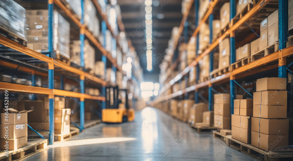 Organized Warehouse Interior with Stacked Boxes and Racks Organized Warehouse Interior with Stacked Boxes and Racks