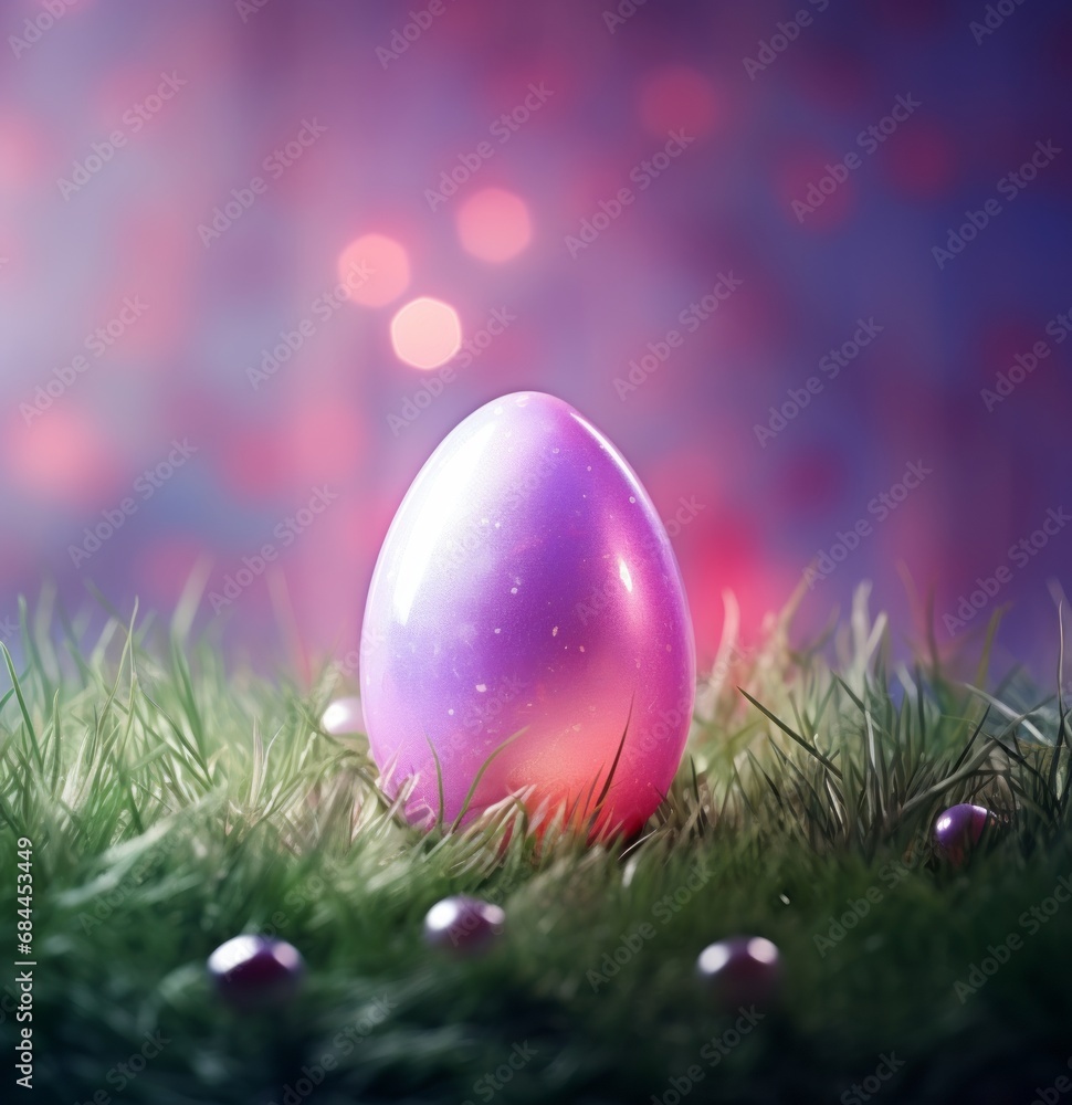 Easter egg on the grass with pink lights, in the style of soft color blending, light purple and light emerald, clean and simple designs, lush colors, bold colors. Easter spring concept. Easter egg on the grass with pink lights, in the style of soft color blending, light purple and light emerald, clean and simple designs, lush colors, bold colors. Easter spring concept.