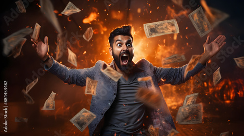 Portrait happy Asian Indian man exults pumping fists ecstatic celebrates success under a money falling down dollar photo