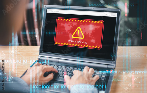 Attack system warning hacked alert on computer screen, cyber scam. Cybersecurity vulnerability identity technology internet, danger virus, data breach, malicious. Fraud cybercrime security attention