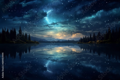 A surreal moonlit night over a serene lake, with the reflection of stars shimmering on the water's surface.