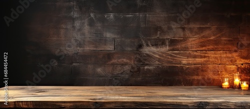 In the dimly lit room, an abstract vintage wooden table stood against the grunge wall, its wood texture reflecting years of weathered marks, as the old hardwood floor creaked beneath. The natural photo