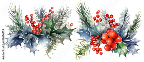 Watercolor flowers illustrations Christmas decorations clip art © kharom