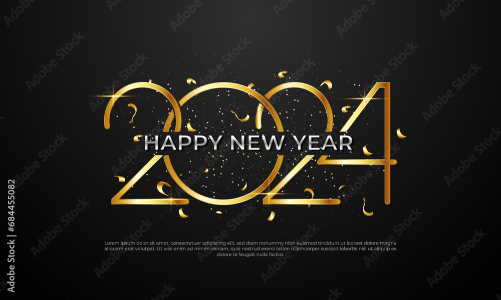 Obraz premium new year celebration 2024 with style number in golden color with shiny light on a dark decoration greeting card or banner background [Converted]