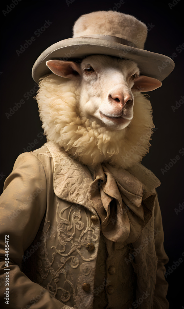 portrait of sheep dressed in Victorian era clothes, confident vintage fashion portrait of an anthropomorphic animal, posing with a charismatic human attitude portrait of sheep dressed in Victorian era clothes, confident vintage fashion portrait of an anthropomorphic animal, posing with a charismatic human attitude
