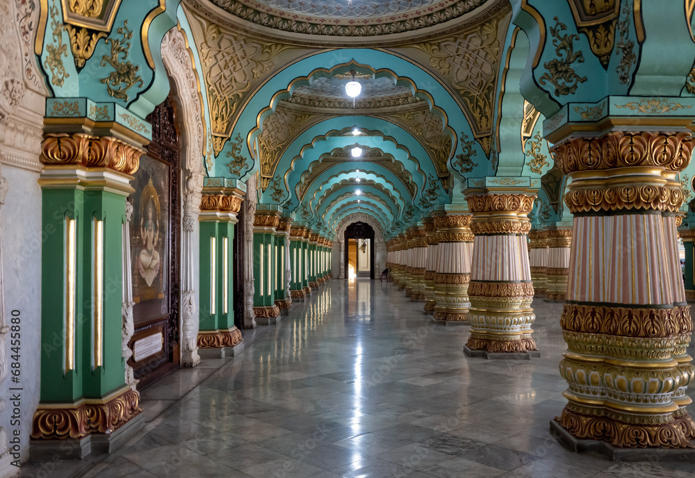 Beautiful decorated interior ceiling and pillars of the Durbar or audience hall inside the royal Mysore Palace