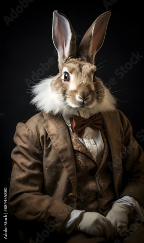 portrait of rabbit dressed in Victorian era clothes, confident vintage fashion portrait of an anthropomorphic animal, posing with a charismatic human attitude