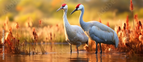 In the grasslands of Aransas County, city, the white sandhill crane and endangered whooping crane roam, chasing dominance in their habitat. With feathers of gray, Grus americana and Grus canadensis photo
