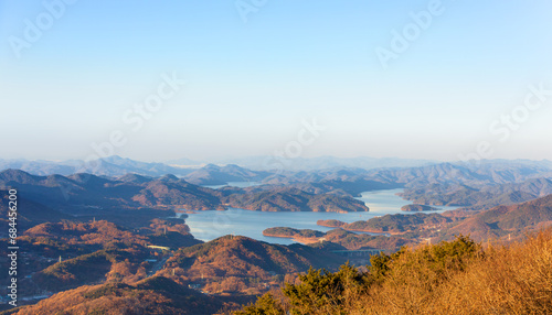 A panoramic view of the lake from the top of the mountain. Daecheong Dam in Korea