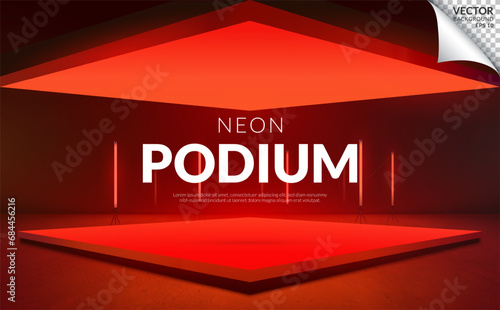 Square podium red neon light with red fluorescent tube on studio background, backdrop for display product on sale. Vector illustration
